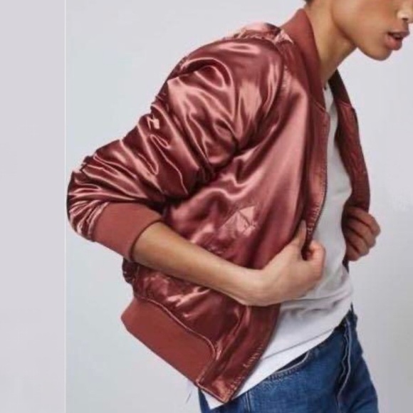 TOPSHOP Rust Rose Gold Satin Bomber Jacket - Picture 3 of 7